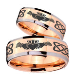His Hers Irish Claddagh Beveled Edges Rose Gold Tungsten Wedding Band Ring Set