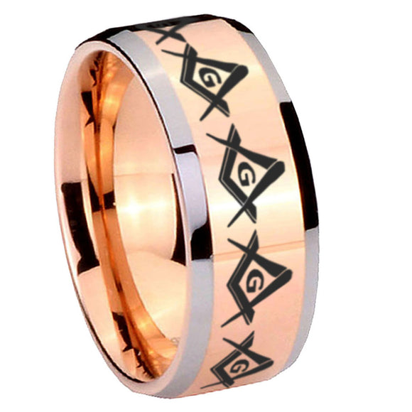 10mm Masonic Square and Compass Beveled Edges Rose Gold Tungsten Wedding Bands Ring