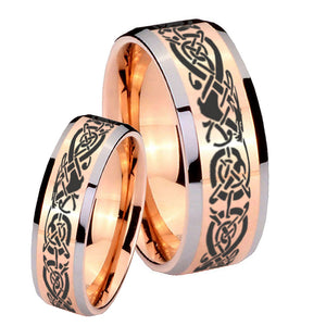 His Hers Celtic Knot Dragon Beveled Rose Gold Tungsten Wedding Ring Set