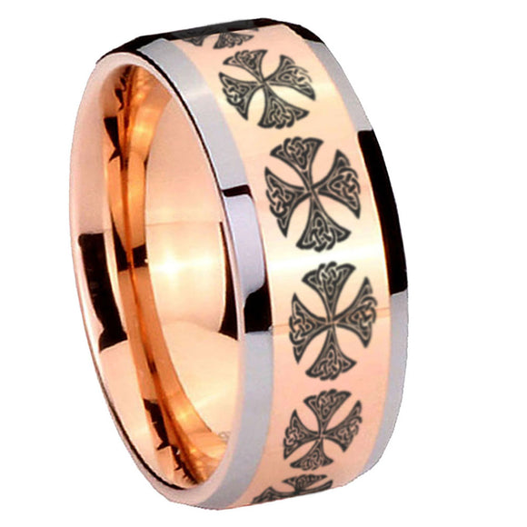 10mm Medieval Cross Beveled Edges Rose Gold Tungsten Wedding Bands Ring