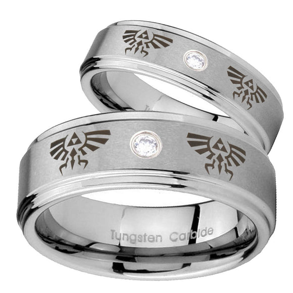 Bride and Groom Zelda Step Edges Silver Tungsten CZ Mens Ring Engraved Set