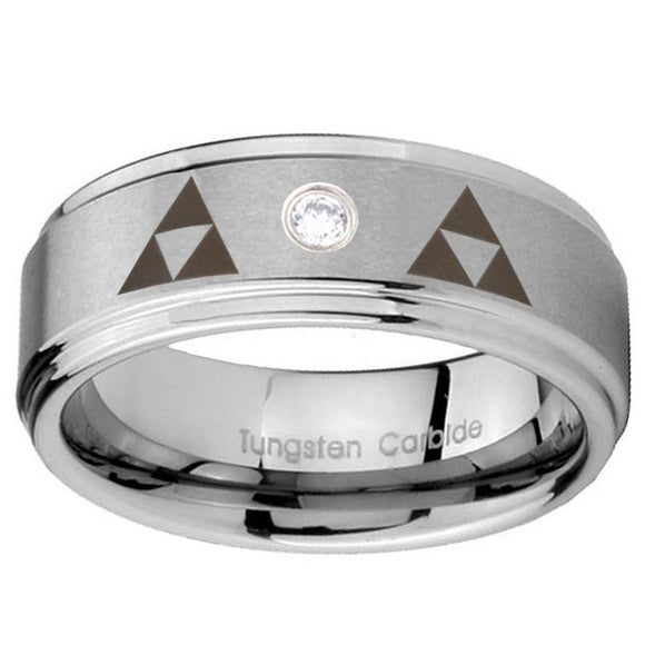 8mm Triangle Zelda Step Edges Silver Tungsten Carbide CZ Engraved Ring