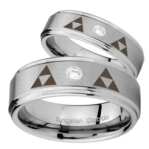 His Hers Triangle Zelda Step Edges Silver Tungsten CZ Mens Wedding Band Set