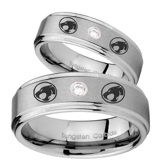 Bride and Groom Thundercats Step Edges Silver Tungsten CZ Rings for Men Set