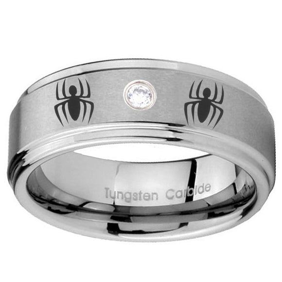 8mm Spiderman Step Edges Silver Tungsten Carbide CZ Mens Engagement Ring