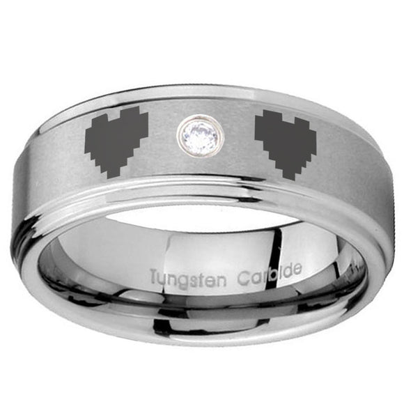 8mm Zelda Heart Step Edges Silver Tungsten Carbide CZ Engagement Ring