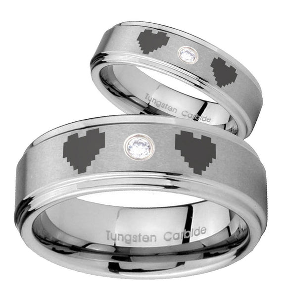 His Hers Zelda Heart Step Edges Silver Tungsten CZ Mens Ring Personsized Set