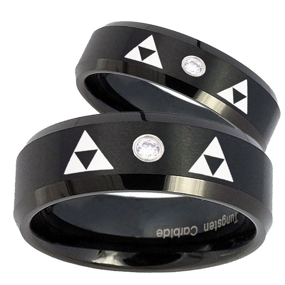 His Hers Triangle Zelda Step Edges Silver Tungsten CZ Mens Ring Engraved Set