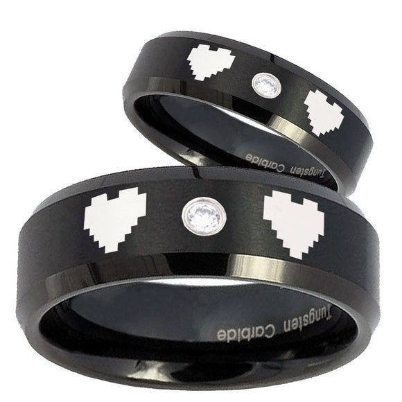 Bride and Groom Zelda Heart Step Edges Silver Tungsten Carbide CZ Men's Ring Set