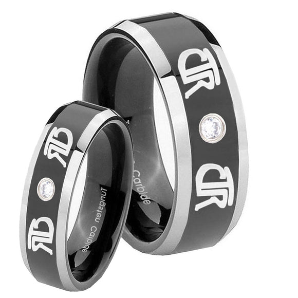 Bride and Groom CTR Beveled Edges Edges Black Tungsten Carbide CZ Men's Ring Set