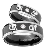 Bride and Groom CTR Beveled Edges Edges Black Tungsten Carbide CZ Men's Ring Set