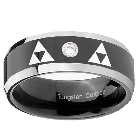 8mm Triangle Zelda Beveled Edges Black Tungsten Carbide CZ Bands Ring