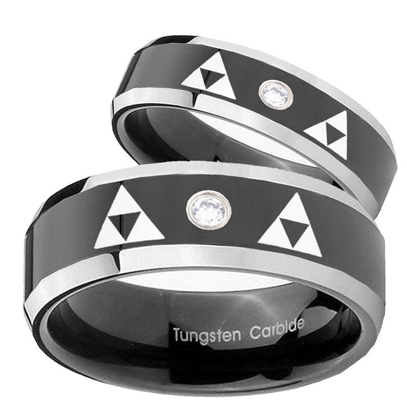 His and Hers Triangle Zelda Beveled Edges Edges Black Tungsten CZ Mens Ring Set