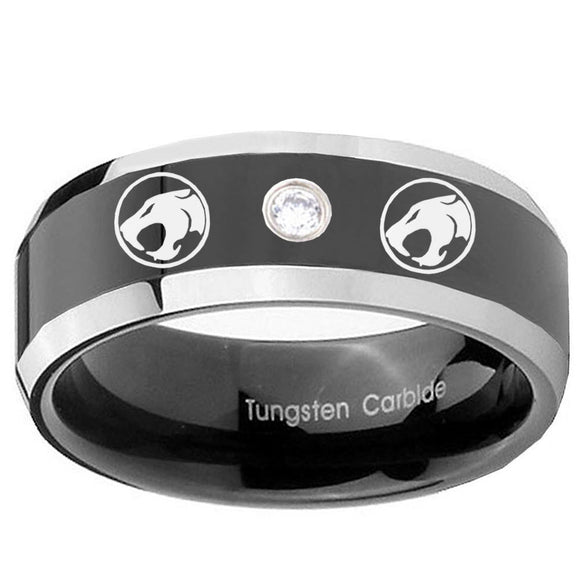 8mm Thundercats Beveled Edges Black Tungsten Carbide CZ Men's Band Ring