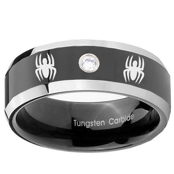 8mm Spiderman Beveled Edges Black Tungsten Carbide CZ Mens Bands Ring