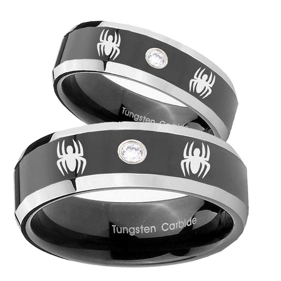 His Hers Spiderman Beveled Edges Black Tungsten CZ Men's Wedding Ring Set