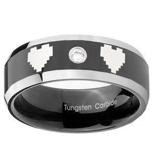 8mm Zelda Heart Beveled Edges Black Tungsten Carbide CZ Anniversary Ring