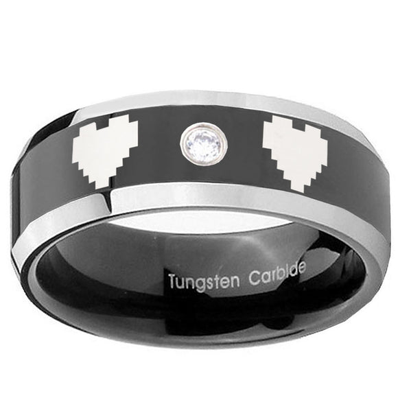 8mm Zelda Heart Beveled Edges Black Tungsten Carbide CZ Anniversary Ring