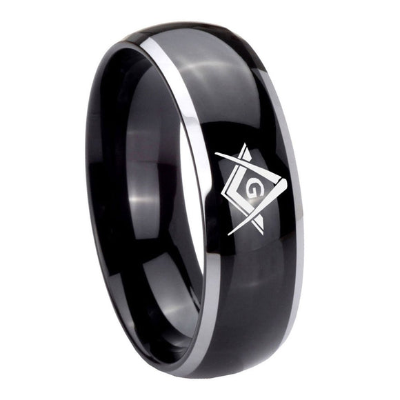 8mm Freemason Masonic Dome Glossy Black 2 Tone Tungsten Carbide Rings for Men