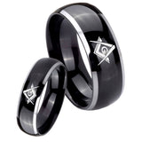 His Hers Freemason Masonic Dome Glossy Black 2 Tone Tungsten Men's Ring Set