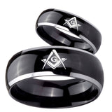 His Hers Freemason Masonic Dome Glossy Black 2 Tone Tungsten Men's Ring Set