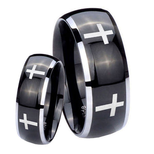 His and Hers Crosses Dome Glossy Black 2 Tone Tungsten Mens Promise Ring Set