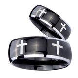 His and Hers Crosses Dome Glossy Black 2 Tone Tungsten Mens Promise Ring Set
