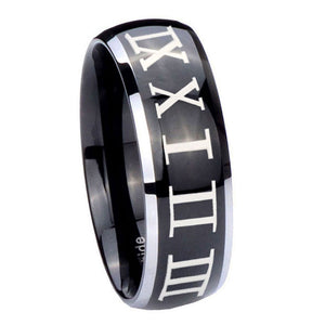 10mm Roman Numeral Dome Glossy Black 2 Tone Tungsten Carbide Mens Promise Ring