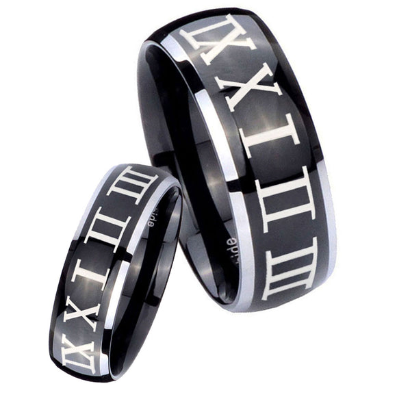 His Hers Roman Numeral Dome Glossy Black 2 Tone Tungsten Mens Promise Ring Set