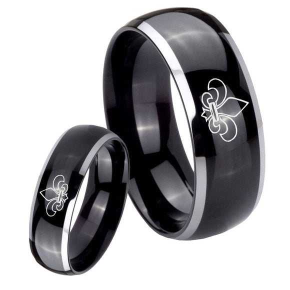 His Hers Fleur De Lis Dome Glossy Black 2 Tone Tungsten Bands Ring Set