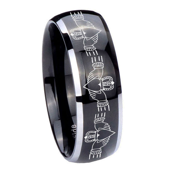 10mm Irish Claddagh Dome Glossy Black 2 Tone Tungsten Carbide Rings for Men