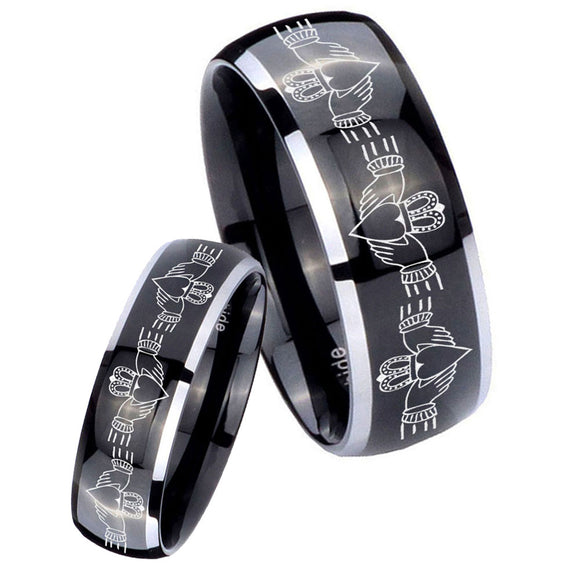 His Hers Irish Claddagh Dome Glossy Black 2 Tone Tungsten Rings for Men Set