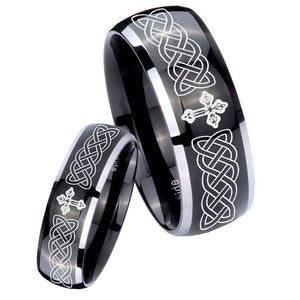 His Hers Celtic Cross Dome Glossy Black 2 Tone Tungsten Wedding Ring Set