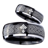 His Hers Celtic Cross Dome Glossy Black 2 Tone Tungsten Wedding Ring Set