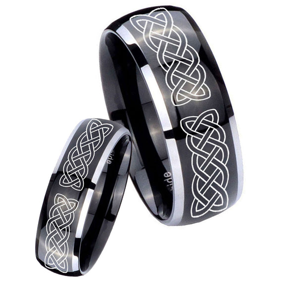 His Hers Celtic Knot Dome Glossy Black 2 Tone Tungsten Anniversary Ring Set