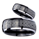 His Hers Celtic Knot Dome Glossy Black 2 Tone Tungsten Anniversary Ring Set