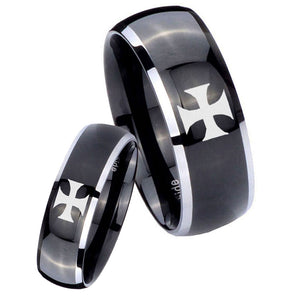 His Hers Maltese Cross Dome Glossy Black 2 Tone Tungsten Men's Promise Rings Set