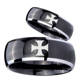 His Hers Maltese Cross Dome Glossy Black 2 Tone Tungsten Men's Promise Rings Set