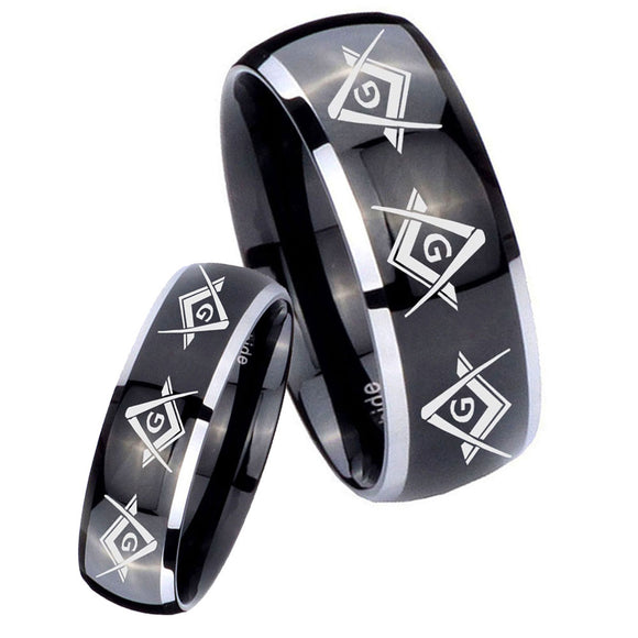 His Hers Master Mason Masonic  Dome Glossy Black 2 Tone Tungsten Engraving Ring Set