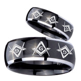 His Hers Master Mason Masonic  Dome Glossy Black 2 Tone Tungsten Engraving Ring Set