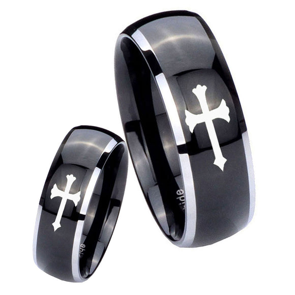 His Hers Christian Cross Dome Glossy Black 2 Tone Tungsten Men Rings Set