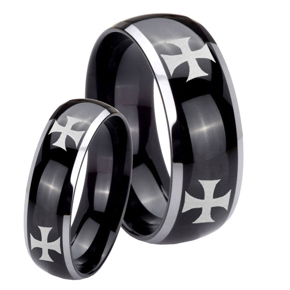 His Hers 4 Maltese Cross Dome Glossy Black 2 Tone Tungsten Men's Ring Set