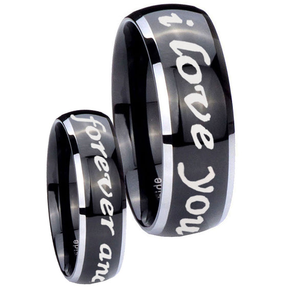 His Hers I Love You Forever and ever Dome Glossy Black 2 Tone Tungsten Mens Ring Set