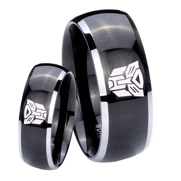 His Hers Transformers Autobot Dome Glossy Black 2 Tone Tungsten Mens Ring Set