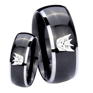 His Hers Decepticon Transformers Dome Glossy Black 2 Tone Tungsten Mens Ring Set