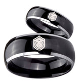 His Hers Chief Master Sergeant Vector Dome Glossy Black 2 Tone Tungsten Mens Ring Set