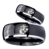 His and Hers Marine Dome Glossy Black 2 Tone Tungsten Wedding Band Mens Set