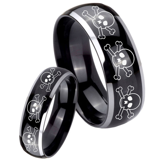 His Hers Multiple Skull Dome Glossy Black 2 Tone Tungsten Anniversary Ring Set