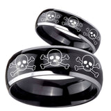 His Hers Multiple Skull Dome Glossy Black 2 Tone Tungsten Anniversary Ring Set