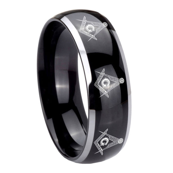 10mm Multiple Master Mason Dome Glossy Black 2 Tone Tungsten Men's Band Ring